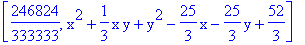 [246824/333333, x^2+1/3*x*y+y^2-25/3*x-25/3*y+52/3]